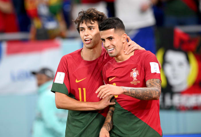 Portugal players Joao Felix (left) and Joao Cancelo pictured during the 2022 FIFA World Cup